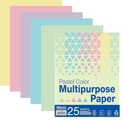 BAZIC 25 SHEETS Pastel Color Multipurpose Paper 8.5"x11", Colored Copy Paper Fax Laser Printing for Office School (25 SHEETS/Pack), 1-Pack
