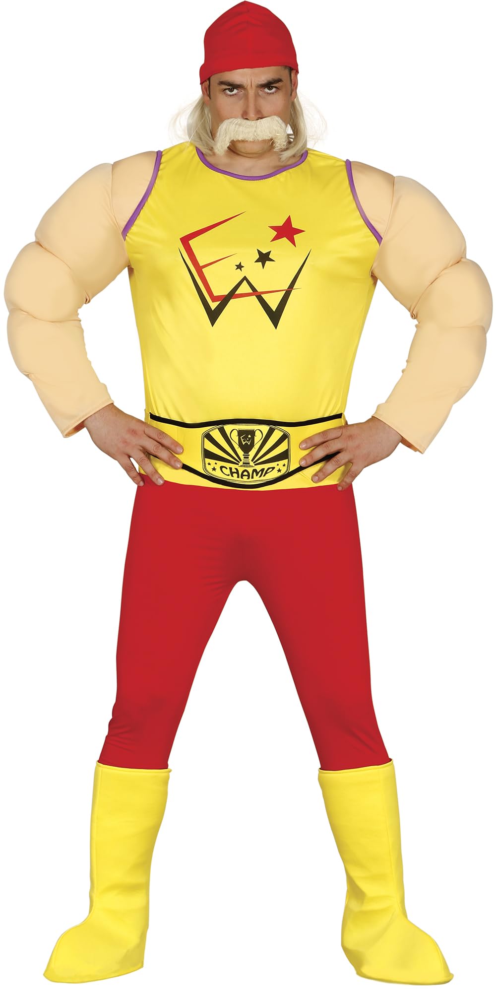 FIESTAS GUIRCA Invincible Champion Wrestler Mens Fancy Dress Costume - Red & Yellow Wrestling Maniac Fancy Dress Men Size M 48-50
