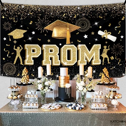 Image of KatchOn, 72X44 Inch, Black and Gold Prom Backdrop for Graduation Decorations 2026, Photography Graduation Party, Grad Party Prom Decorations 2026 Graduation Party Decorations