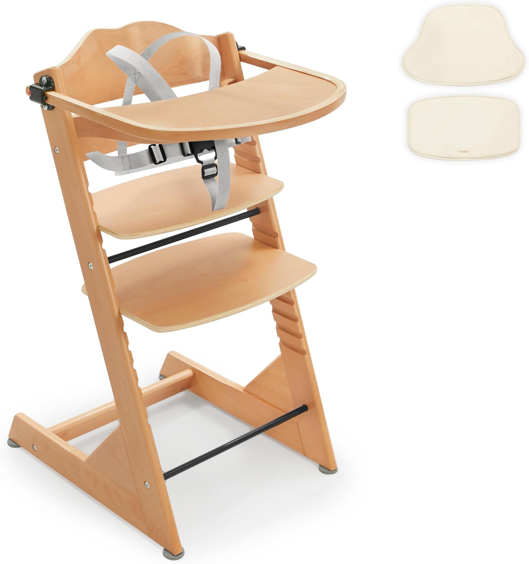 Curipeer Convertible Wooden High Chair for Babies and Toddlers - Baby Feeding &Toddler Dining Chair with Removable Tray, Cushion and Harness, Natural Color