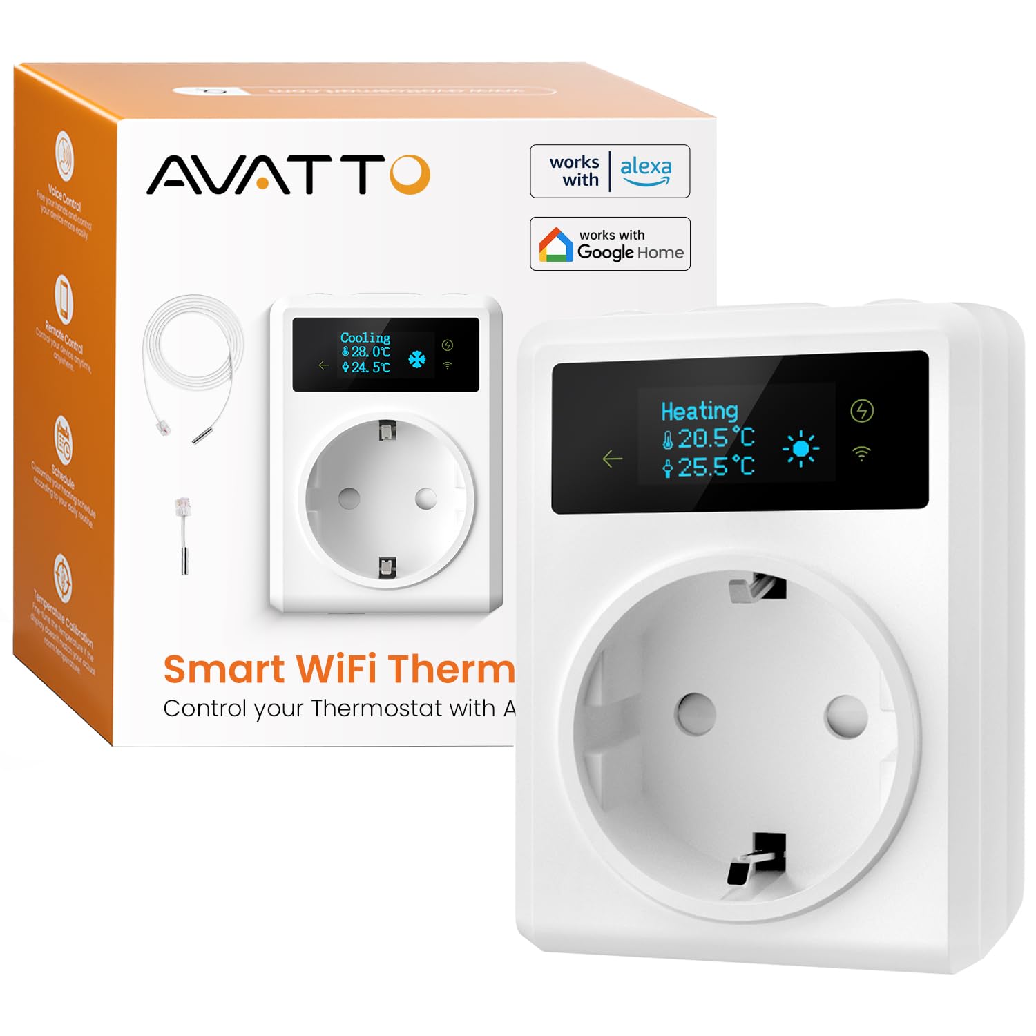 AVATTO Smart Temperaturregler, Digital Thermostat Steckdose kompatibel mit Alexa, Google Assistant Sprachsteuerung und Smart Life App, mit Heizung/Kühlung/Timer, 3m und 5cm Fühler, 230V