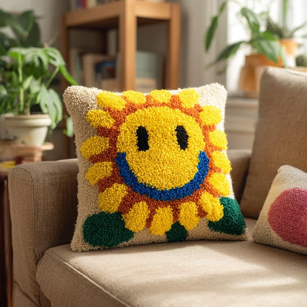 AxiangziK Latch Hook Cushion Kits,Cartoon Smiling Sunflower 17X17Inch Handmade Embroidery Kits,DIY Needlework Pillow Rug Making Kit,Decorative Throw Pillow Cover for Sofa Cushions