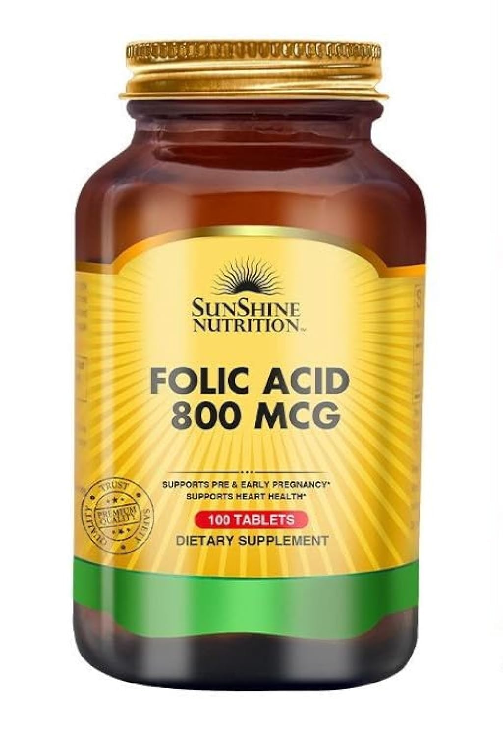 Sunshine Nutrition Folic Acid 800 Mcg | Contains Vitamin B9 | Supports Pre & Early Pregnancy | Supports Healthy Function Of Body | 100 Tablet