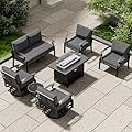 RTDTD Aluminum Patio Furniture Set with Fire Pit Table, 6 Seats Outdoor Patio Conversation Set with Swivel Chair Modern Metal Patio Sectional Sofa with Upgrade Cushions for Patio, Backyard Grey.