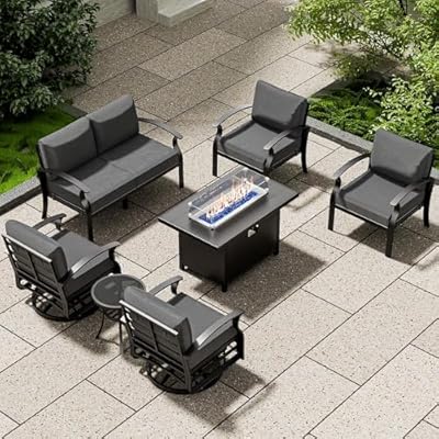 RTDTD Aluminum Patio Furniture Set with Fire Pit Table, 6 Seats Outdoor Patio Conversation Set with Swivel Chair Modern Metal Patio Sectional Sofa with Upgrade Cushions for Patio, Backyard Grey.