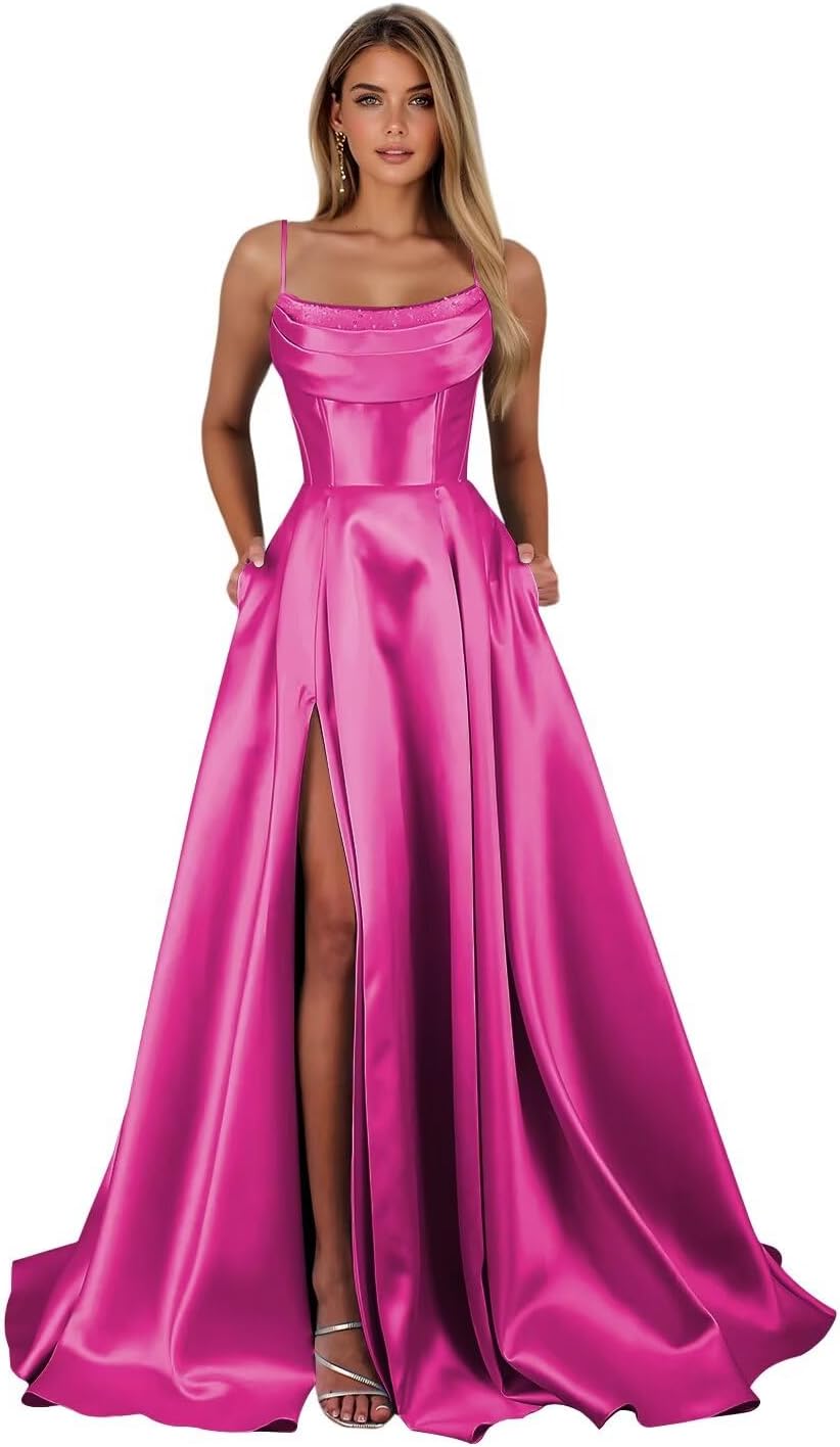 Jicht Satin Prom Dresses for Women with Pockets A-Line Cowl Neck Evening Gown Formal with Slit JAC18