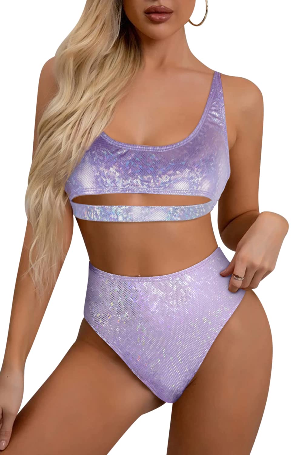 Glitter Rave Outfits for Women - Music Festival Metallic EDM Holographic Swimsuit Sexy Underboob Top Dance Bottom