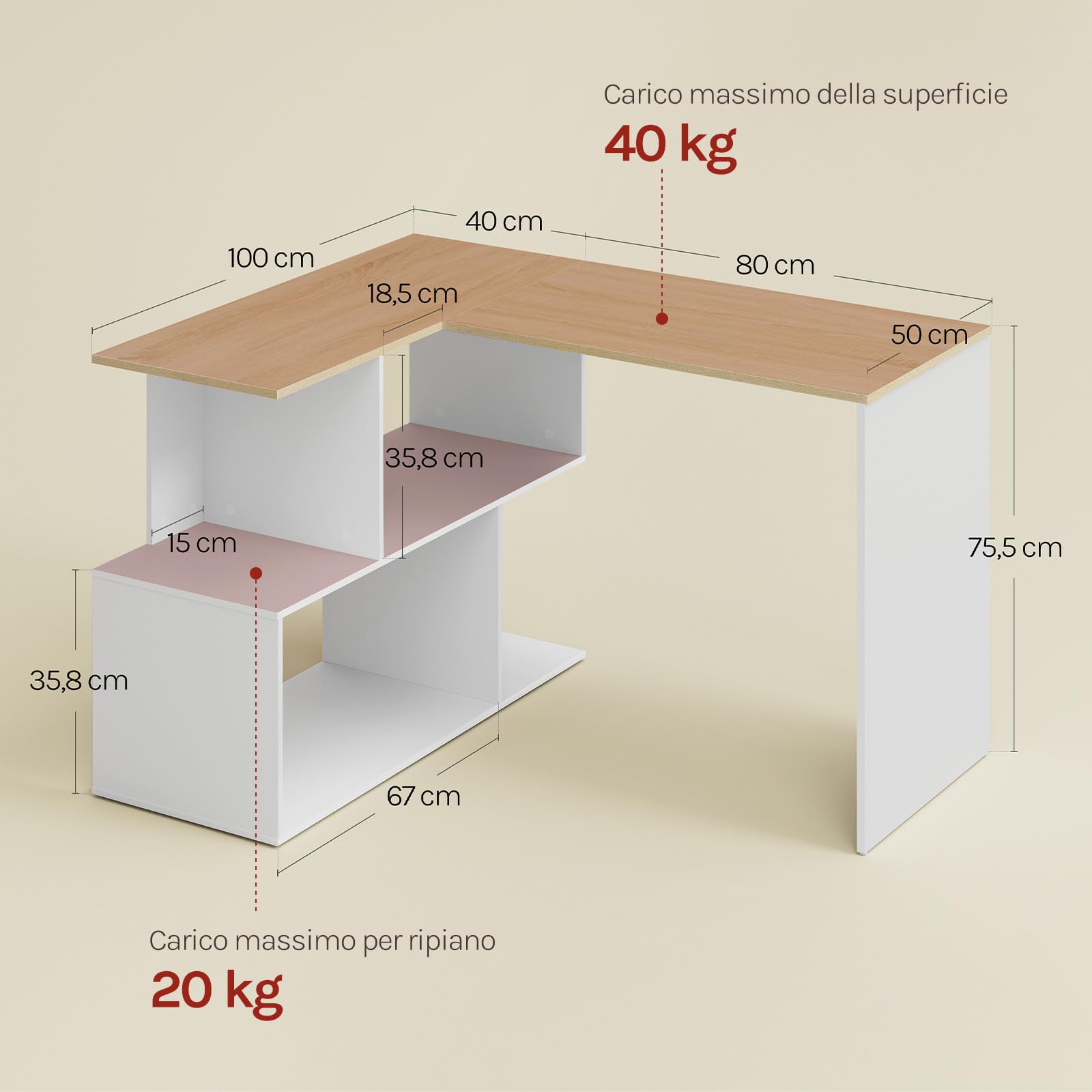 WOLTU Scrivania Angolare, 120x100 cm Scrivania a Forma di L con Libreria, Bianco+Rovere Chiaro, Scrivania Ufficio per Computer, Tavolo da Lavoro, Studio and Soggiorno