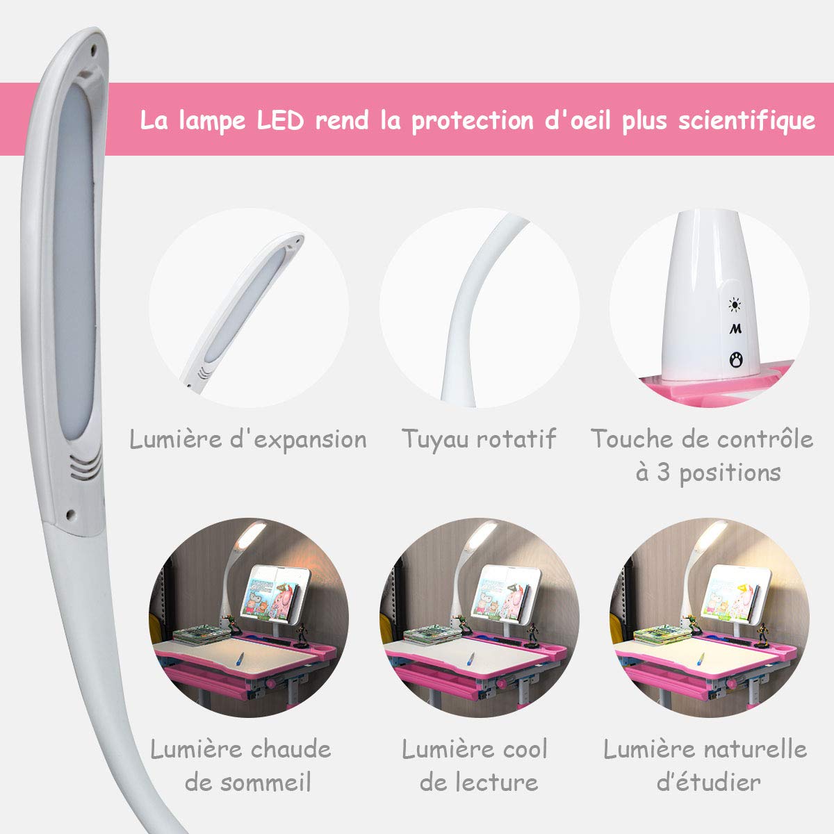COSTWAY Bureau Enfant Ensemble Table et Chaise pour Enfants avec Lampe Hauteur Réglable Plaque de Table Inclinable pour Etude Travail Charge Max 80KG (Rose)