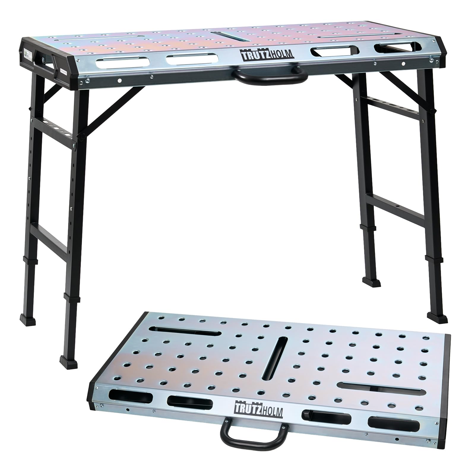 TRUTZHOLM Schweißtisch klappbar 450kg 7-Fach höhenverstellbar 71-93cm Werkbank mit Lochraster Arbeitsfläche 106 x 53 cm Werkstatttisch für Schweißen Montage Garage Metallbearbeitung