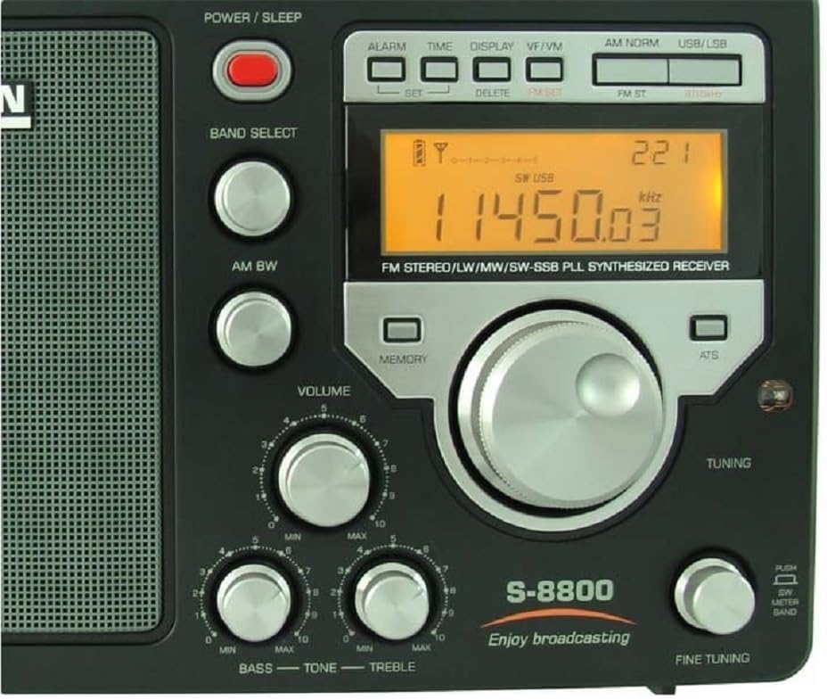 Close-up of TECSUN S-8800 front panel controls and LCD display