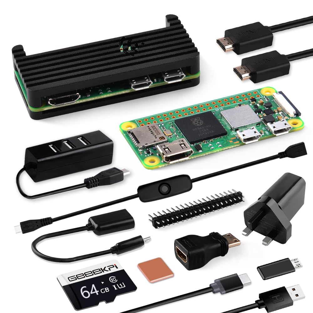 Starter Kit for Raspberry Pi Zero 2 W, with Zero 2 W Aluminum Case,64GB SD Card Preloaded OS,QC3.0 Power Supply,20 Pin Header,Micro USB to OTG Adapter,HDMI Cable,Heatsink,ON/Off Switch Cable