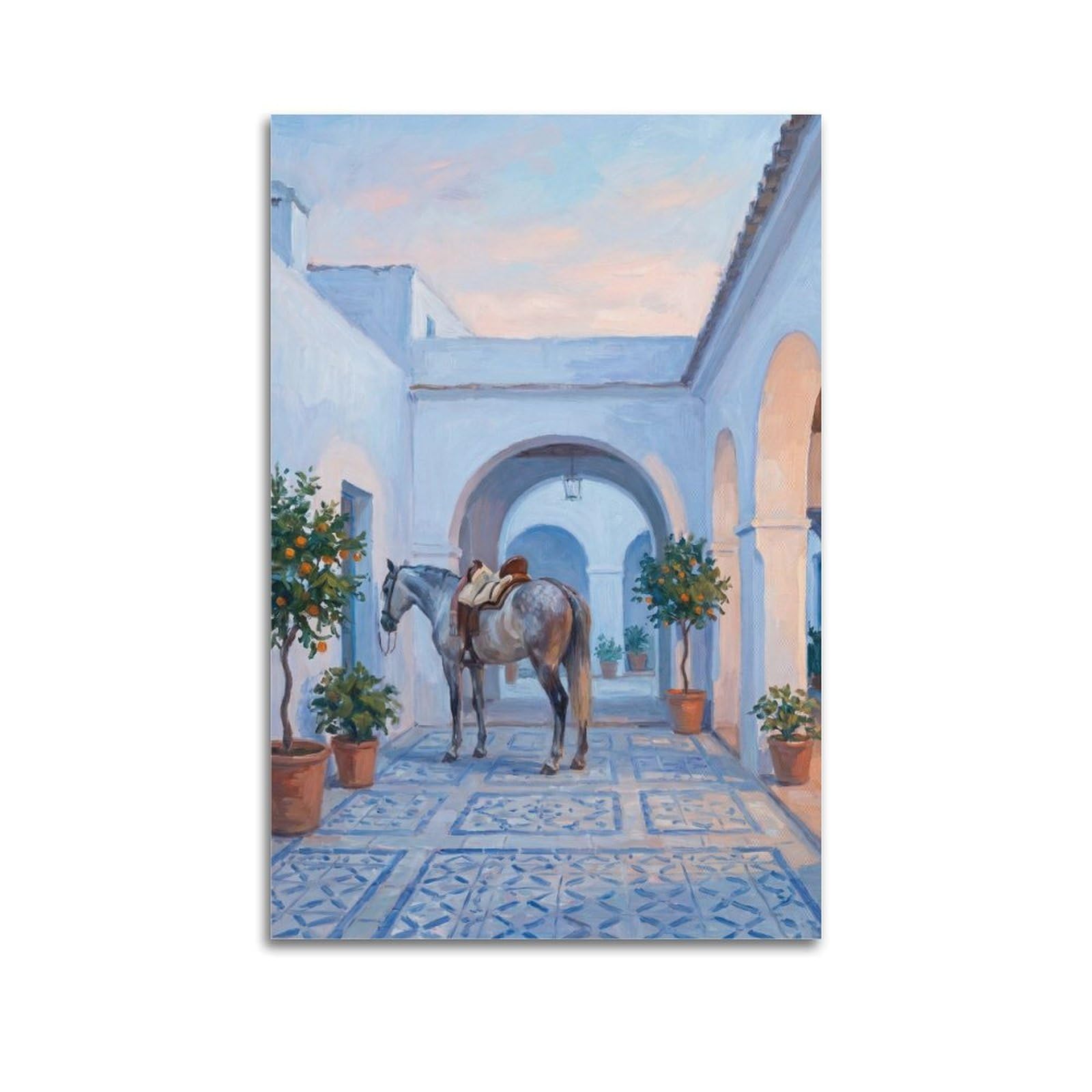 XKUGA Andalusian Horse Travel Poster Courtyard Blue Spanish Village Modern Decorative Canvas Prints - Ideal Wall Art for Family, Man Cave, Game Room, Boys & Girls Bedroom 20x30inch(50x75cm)