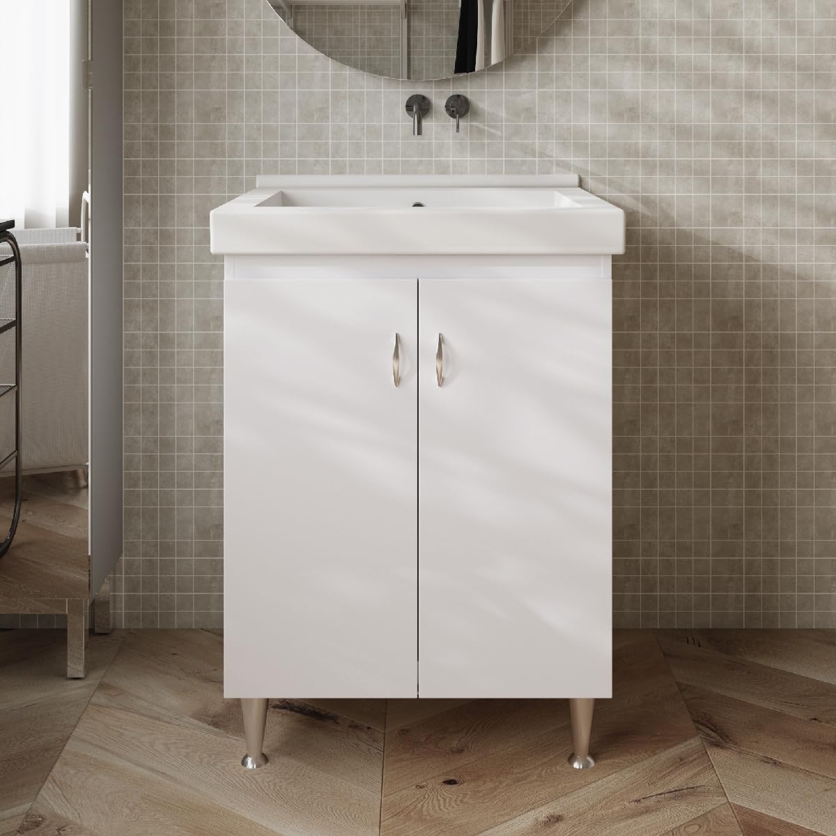 MarinelliGroup MOBILE lavatoio bianco con vasca in CERAMICA 63 X 51 X 86 con foro troppo pieno Dyma