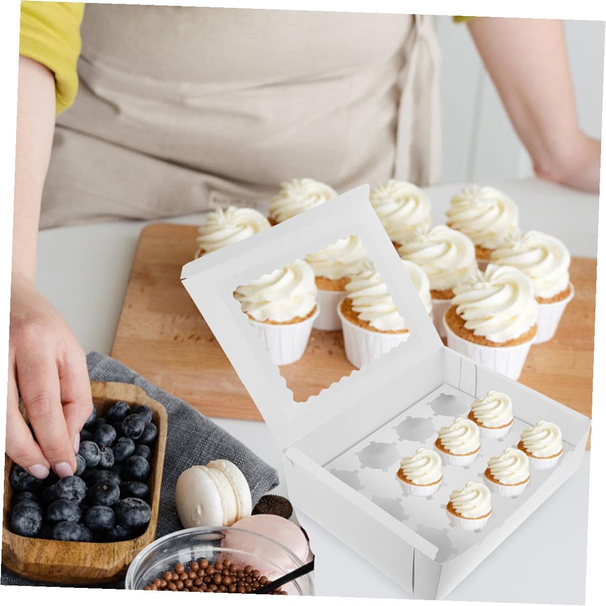 10pcs Cupcake Packing Box with Window, White Cardboard Muffin and Egg Tart Paper Bakery Box, Pastry Packaging for Party and Home Use