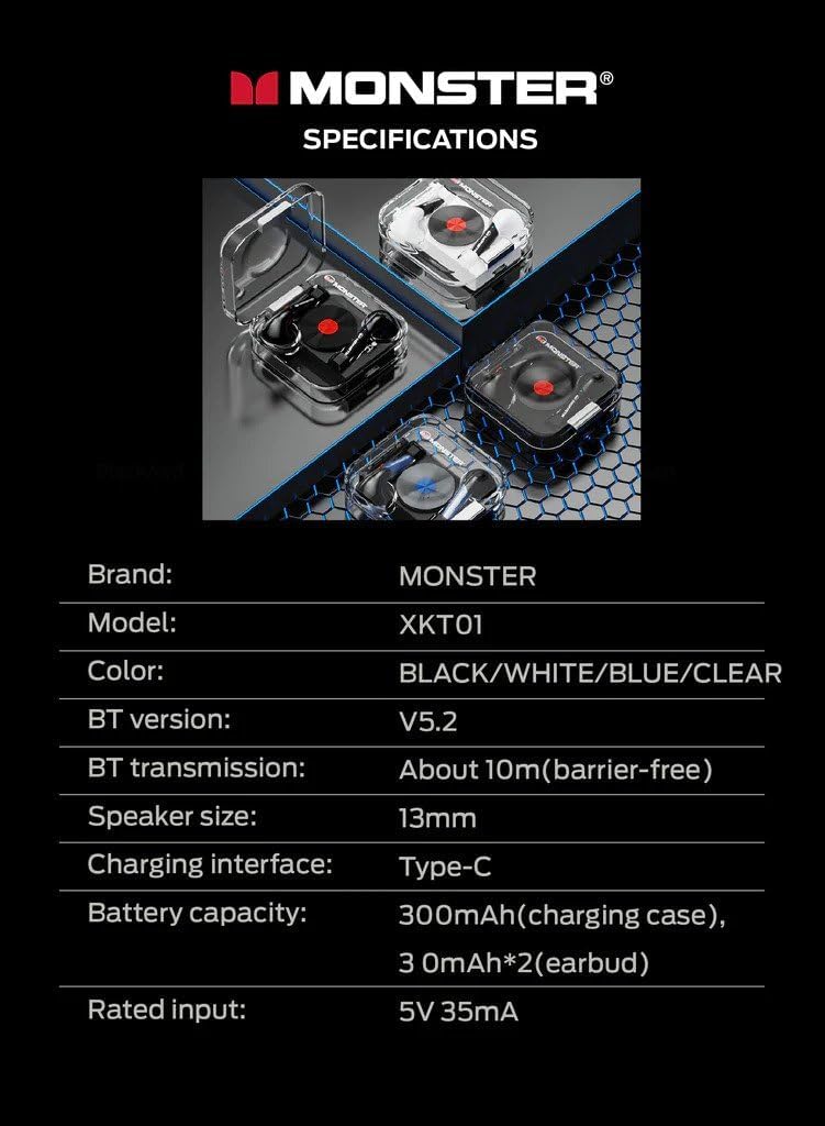 MONSTER Airmars XKT01 specifications table showing brand, model, color, BT version, transmission, speaker size, charging interface, battery capacity, and rated input