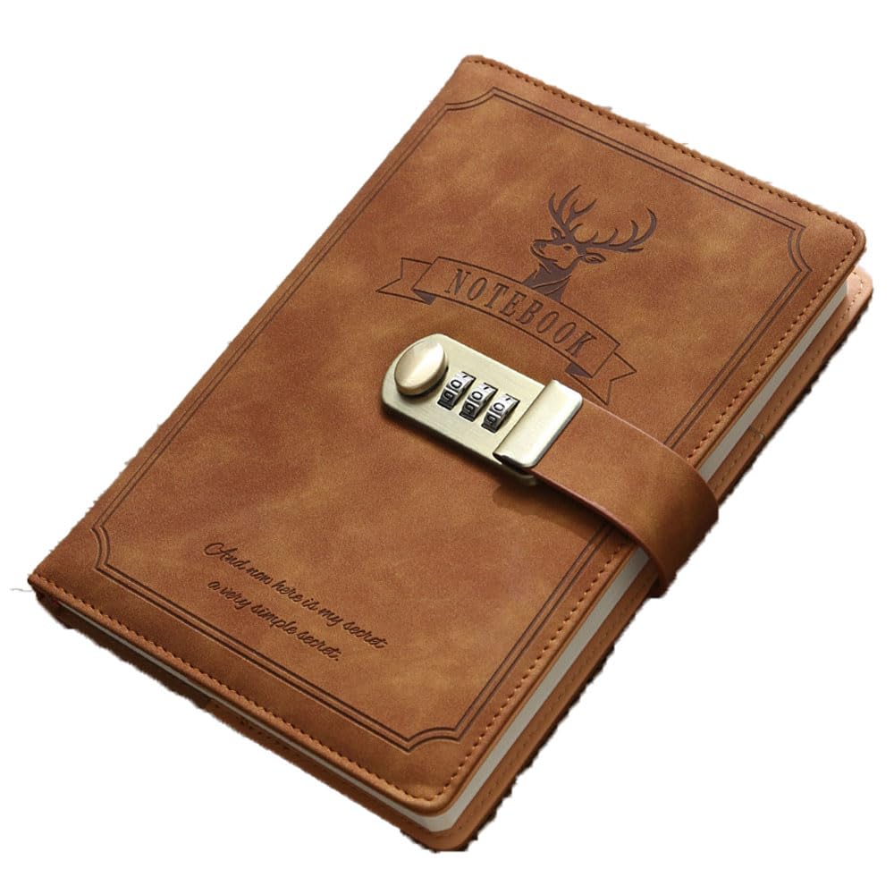 PU leather hardcover notepad with lock, leather diary with lock that can be filled in repeatedly, hardcover senior thick paper executive notebook log, classic three-digit password lock notebook