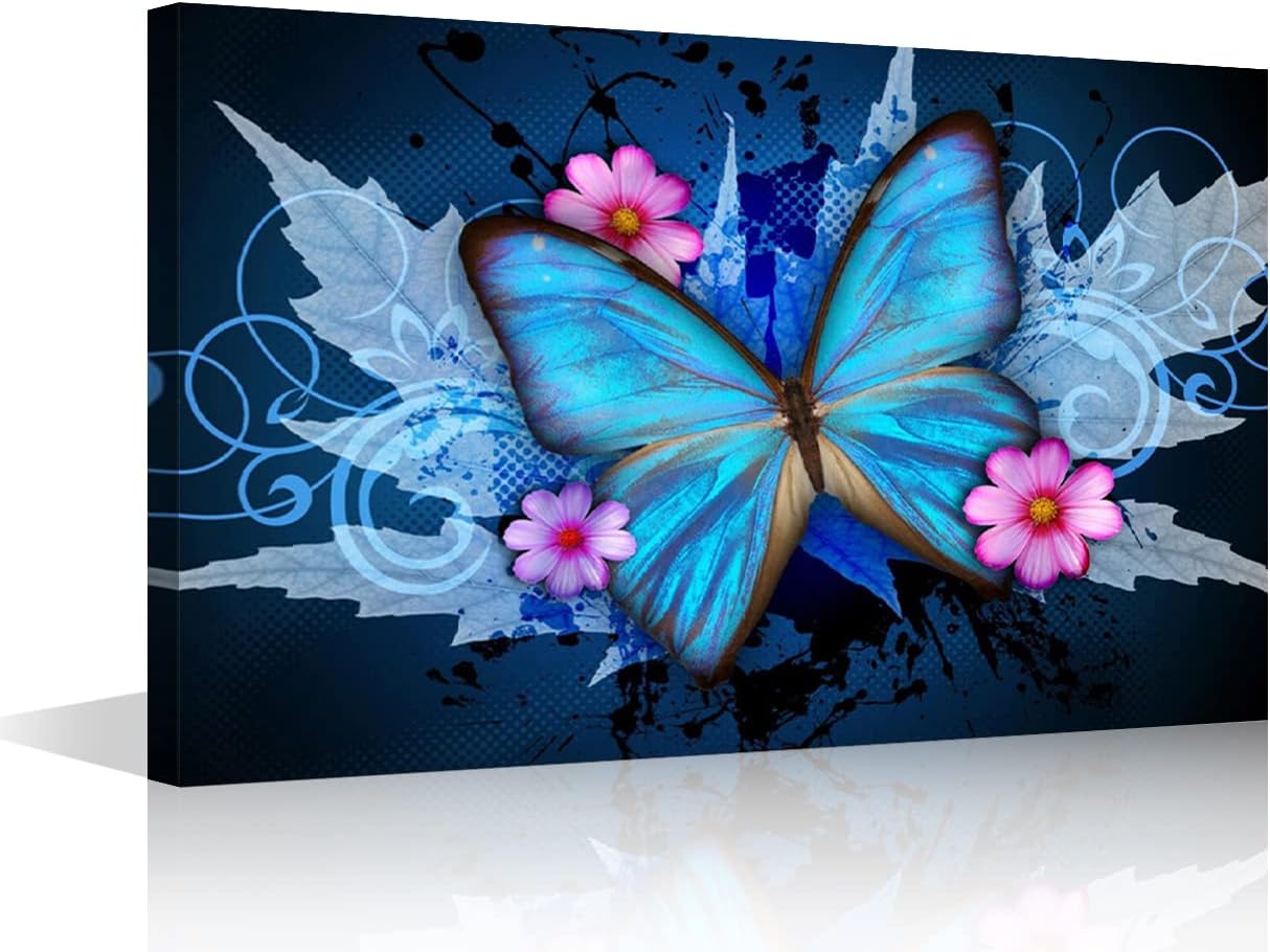 Blue Butterfly and Flowers Pictures Canvas Wall Art Prints Painting Modern Artwork for Children's Room Home Office Bedroom Living Room Wall Decor Framed 8x12inch (20x30cm)