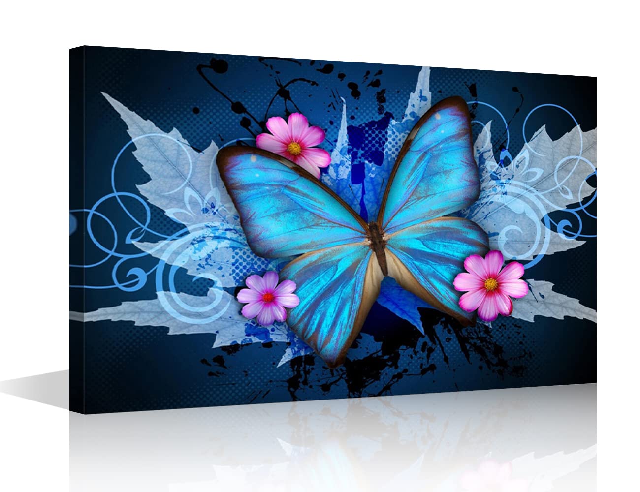 Blue Butterfly and Flowers Pictures Canvas Wall Art Prints Painting Modern Artwork for Children's Room Home Office Bedroom Living Room Wall Decor Framed 8x12inch (20x30cm)