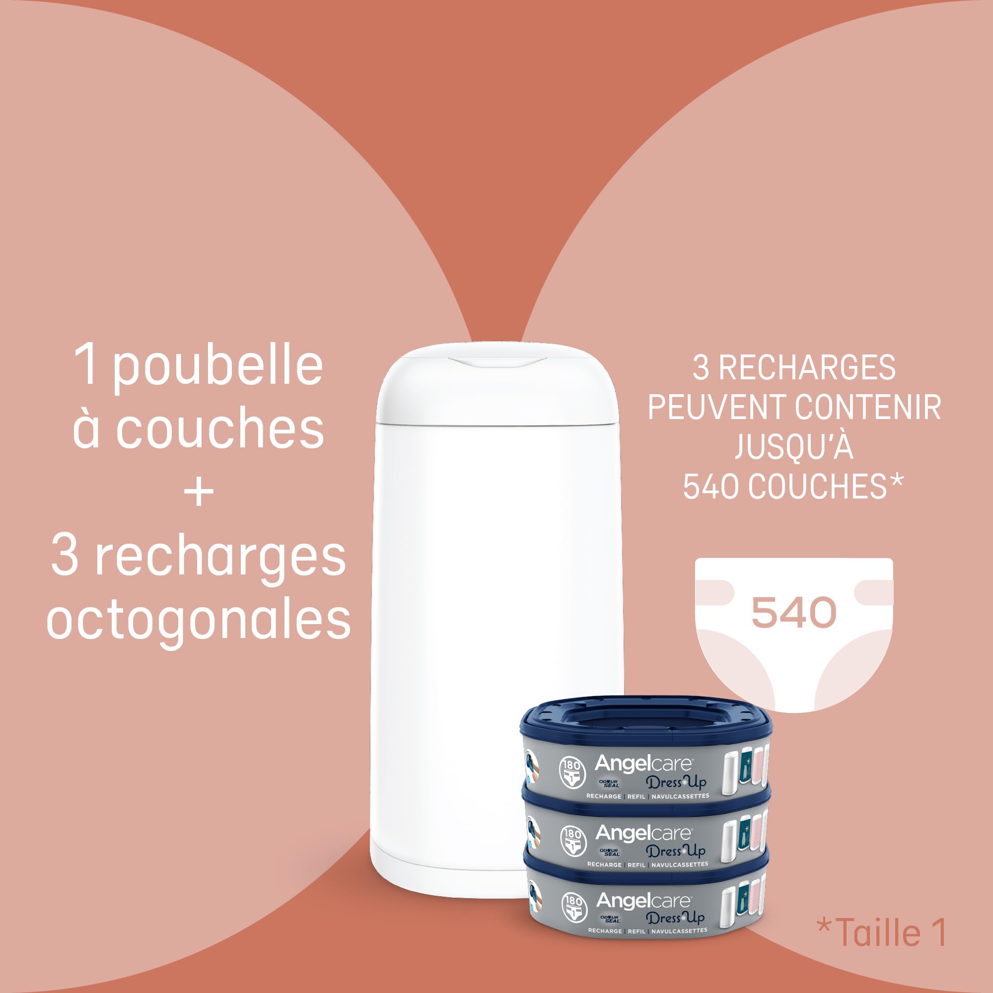 Angelcare Poubelle à Couches + 3 Recharges Anti Odeurs/Grande Capacité Antibactérien Usage Simple Dress Up, Blanc