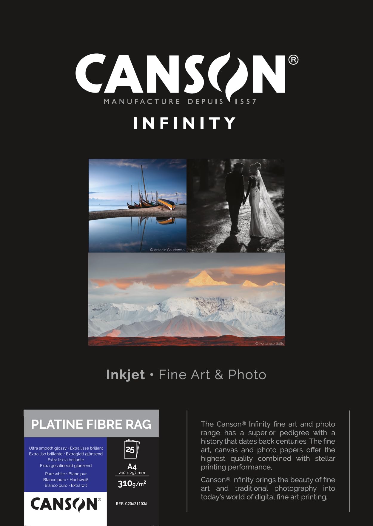 Canson Infinity Platine Fibre Rag, Papeles digitales ''Vintage'', Ultra suave y brillante, 310g, Hoja, A4-21x29,7cm, Blanco puro, 25 Hojas