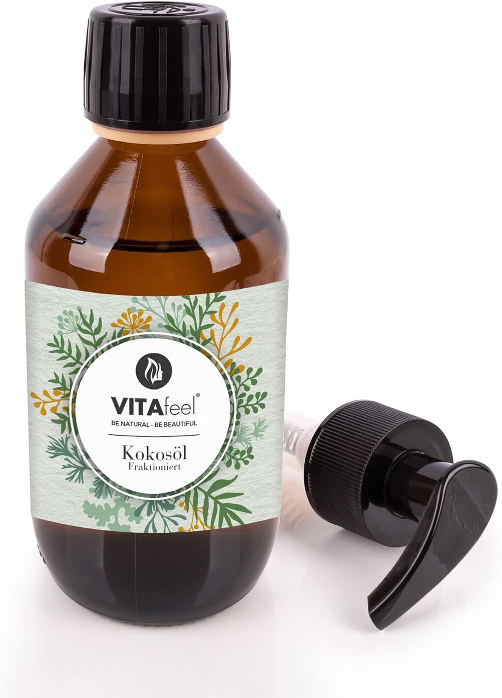 VitaFeel kokosolie gefractioneerd, per stuk verpakt (1 x 250 ml) in glazen fles incl. pumper