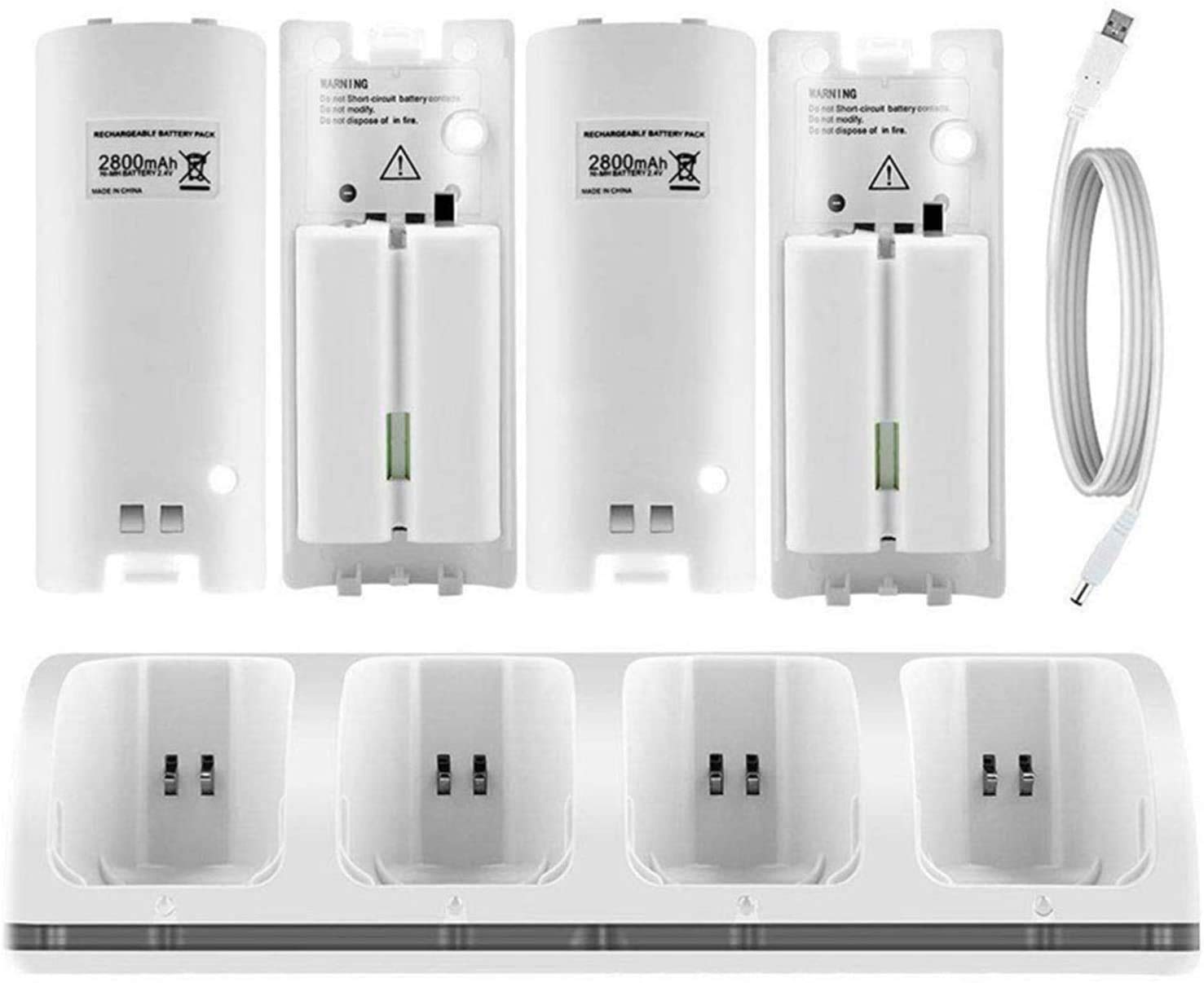 HOBBYTECH Quadruple Port de Chargement avec indicateur LED 4 en 1 Chargeur Compatible pour Nintendo Wiimote Station avec 4 Batteries Rechargeables - Blanc