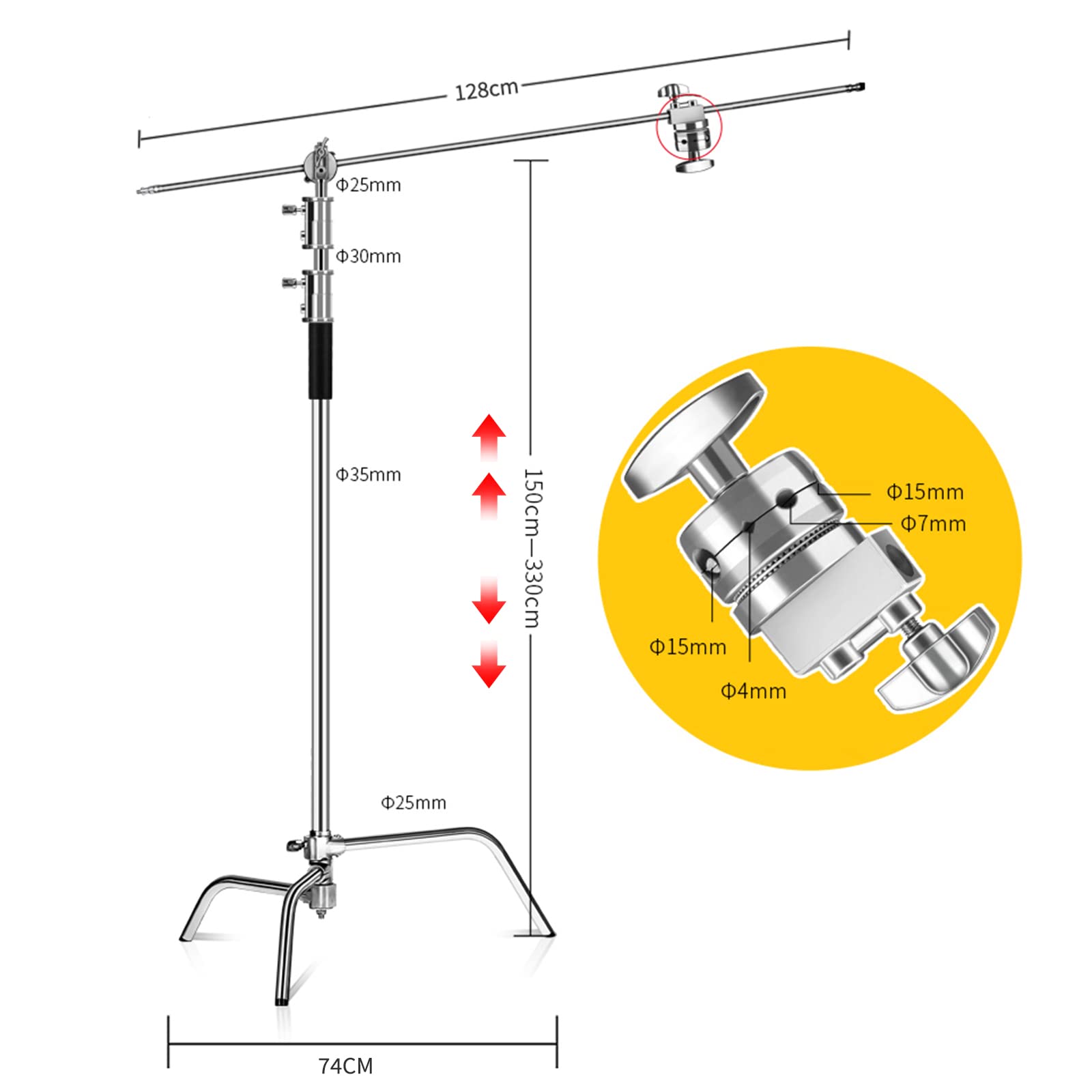Soporte C de acero inoxidable con brazo de brazo de brazo de altura máxima de 330 cm, soporte de luz de fotografía resistente con brazo de sujeción de 128 cm, bolsa de arena para cajas de luz