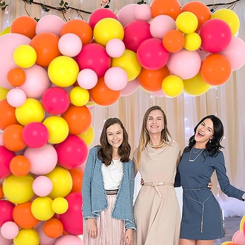 Miniatura 6 de Kit de arco de guirnalda de globos rosa y naranja, 137 globos rosa rojo claro, naranja y amarillo para cumpleaños, boda, baby shower, aniversario,