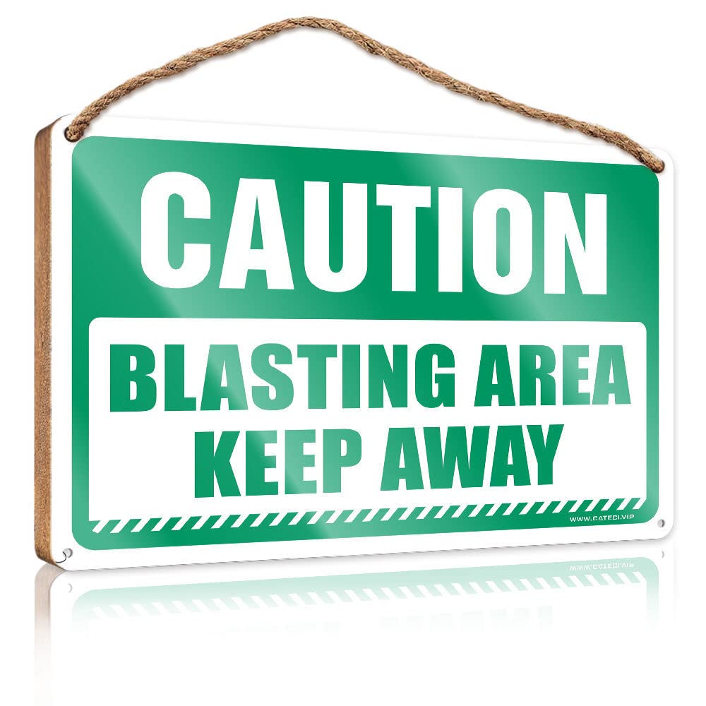 DTHA Wood Sign With Sayings Caution Blasting Area Keep Away Wooden Sign Wooden Hanging Sign Bathroom Wall Decor(23X35CM)