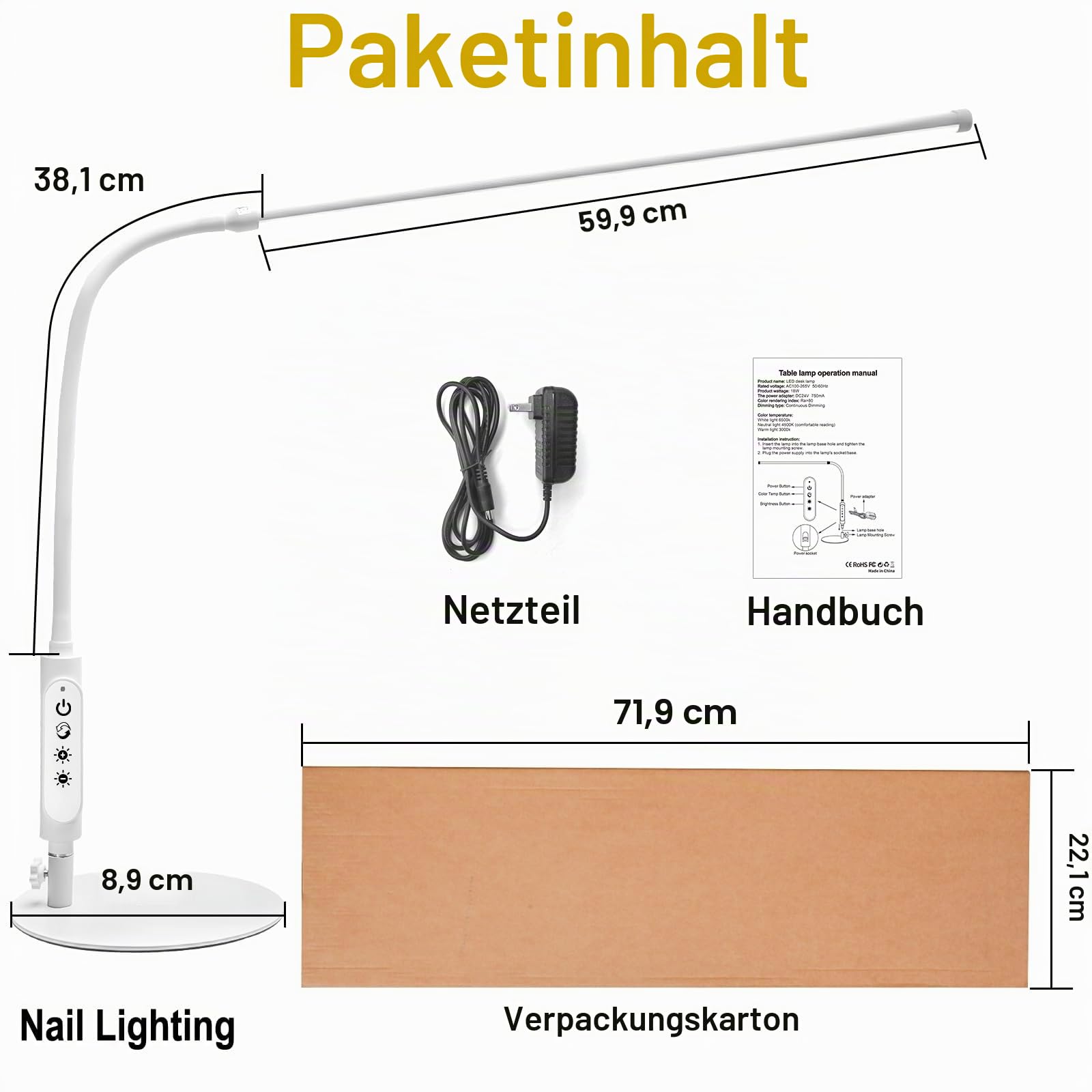 CGBE Extra-lange 60 cm Nageltischlampe LED Dimmbare Tischlampe für Maniküre