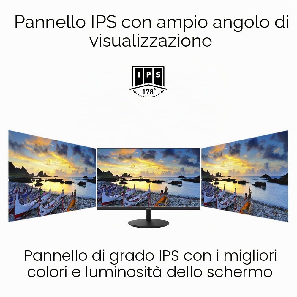 MSI PRO MP242 Monitor Professionale Flat 24", Display 16:9 Full HD (1920x1080), Frequenza 60Hz, Tempo di risposta 5ms, Pannello IPS antiriflesso, collegamenti 1x HDMI e 1x VGA, VESA 100x100mm standard