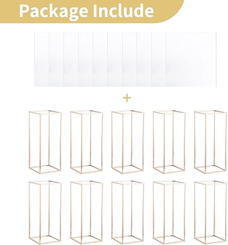 Miniatura 7 de NUPTIO Centros de mesa de boda para mesas con panel acrílico - 10 piezas jarrones dorados de 23 pulgadas de alto para centros de mesa - Soporte de
