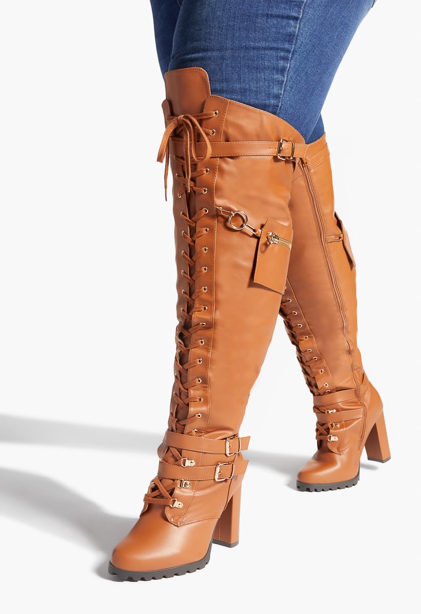 Yishaweiqi Buckle Strap Wide Calf Thigh High Boots for Women Chunky Block High Heel Over The Knee Boots Lace up Riding Combat Boots Ladies Side Zipper Tall Long Boots: 4 Brown