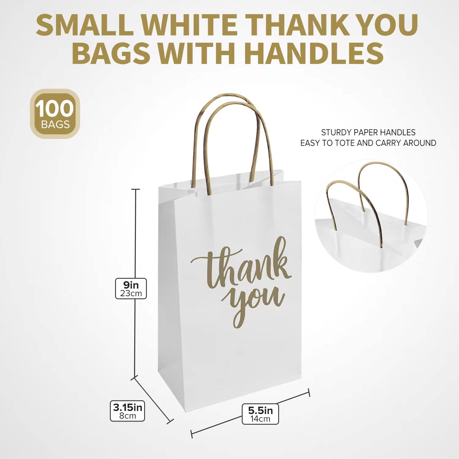 DjinnGlory 100 Pack Small Sized White Thank You Paper Kraft Gift Bags with Handles 9x5.5x3.15 Inch for Business Graduation Birthday Wedding Bridal Baby Shower Party Favors Goodies