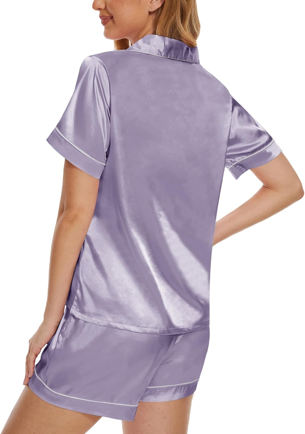 YIJIU Womens Silk Satin Pajamas Set Short Sleeve Sleepwear Soft Button Down Loungewear Two-piece Pjs Sets XS-XXL - Image 3