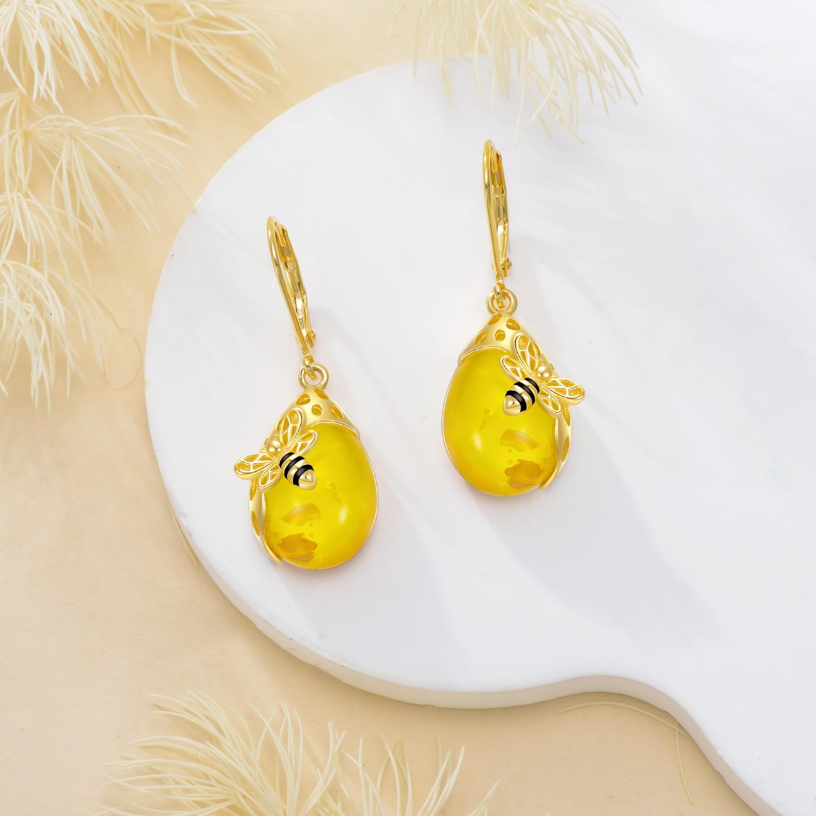 VONALA Orecchini in ambra a goccia, design ape e nido d'ape, argento sterling 925, senza nichel e senza piombo, ideali per abbigliamento casual o formale, perfetti come regalo per ogni occasione
