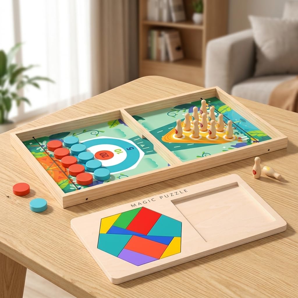 Holzbrettspiel, Geschicklichkeitsspiel für Kinder 3-12 Jahre, Familienspiel für 2 Spieler, Schnipp Chess Set & Zauber Puzzle