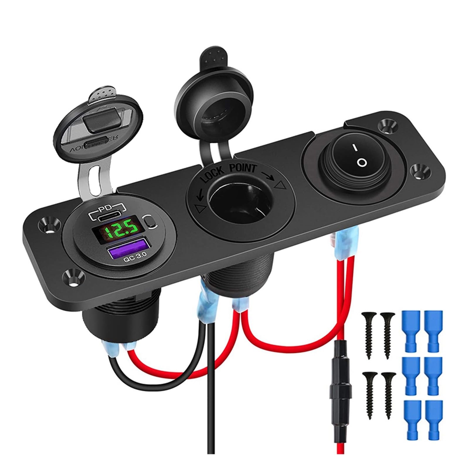 MORREZ Gniazdo zapalniczki 12 V rozdzielacz z przełącznikiem kołyskowym PD i QC3.0 gniazdo USB C z woltomierzem LED wodoodporne do łodzi samochodowej (kolor: zielony zestaw)