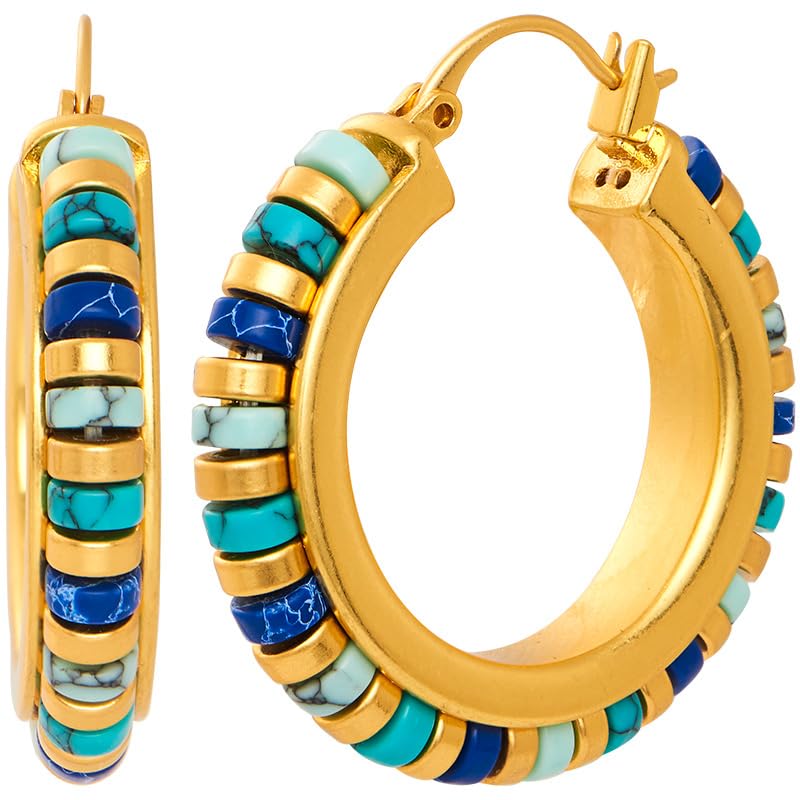 IBARA Vintage Turquoise Hoop Earrings for Women Natural Stone Earrings 18k Gold Plated Medium Hoop Earrings Bohemia Beads Gemstone Earrings Summer Beach Travel Hawaiian Dress Handmade Jewelry