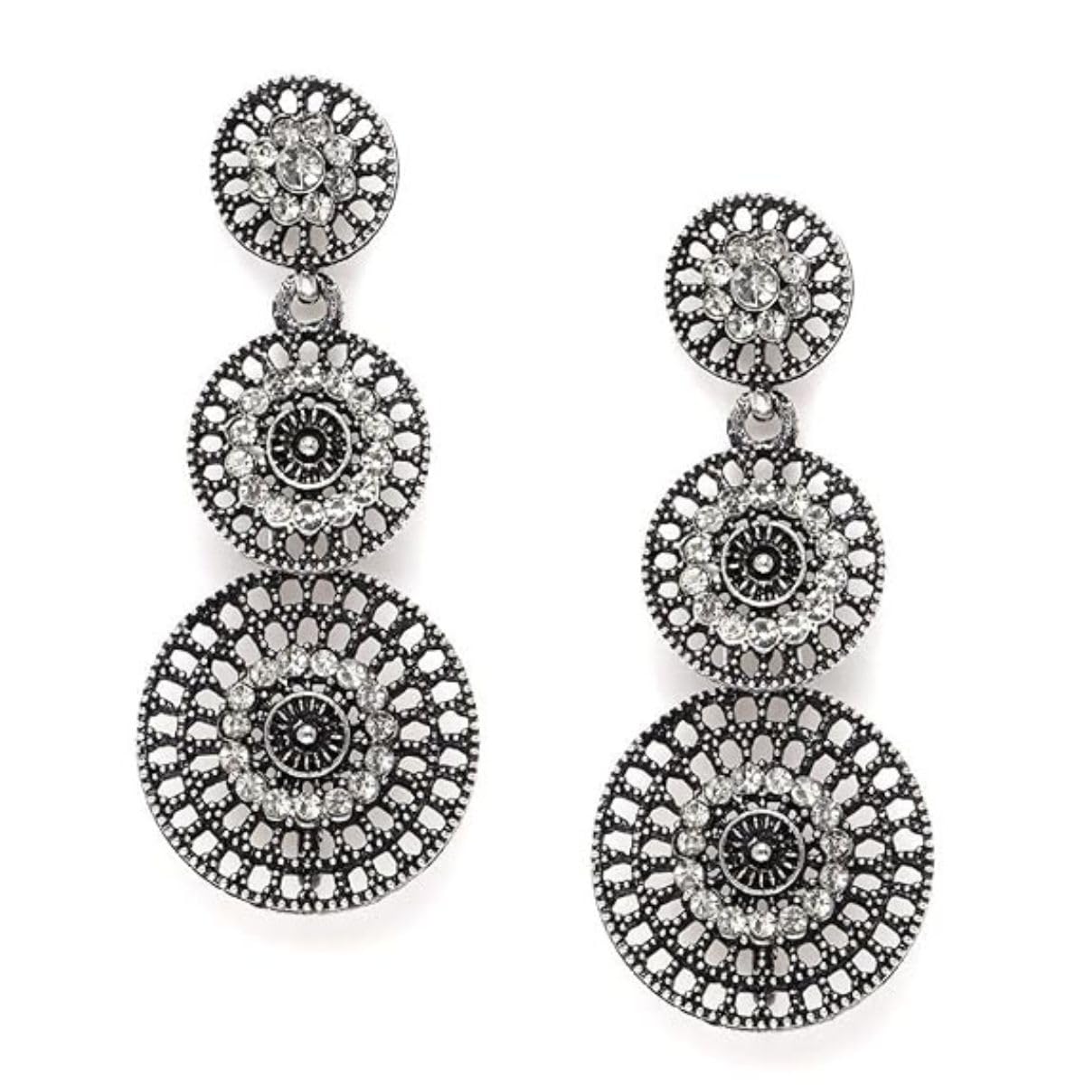 Accessher Indo Western Style Inspired Gold Plated Rhinestones Embellished Circular Shaped Filigree Dangle Earrings with Push Back Closure for Women and Girls (Silver) (B08WCHQYZN) Amazon Price History, Amazon Price Tracker
