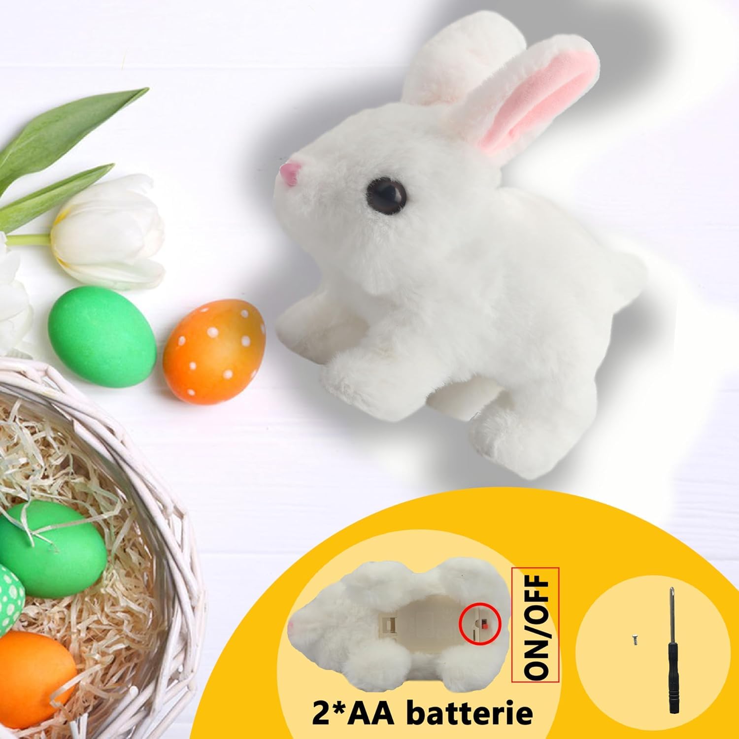 SHINETOY Hopping Rabbit Interactive Electronic Pet Plush Bunny Toy with Sounds and Movements Animated Walking Wiggle Ears Twitch Nose Gift for Toddlers Birthday, White, 7'' 2