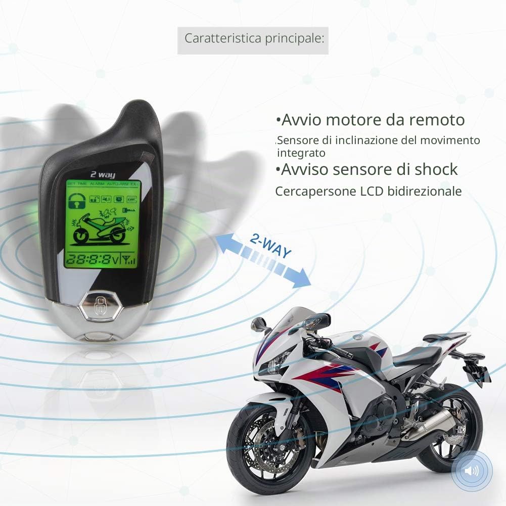 EASYGUARD EM211 2 Way Moto Sistema di Allarme Con Avviamento Remoto, Sensore di Scossa, Inclinazione e Movimento, DC12V, Display LCD
