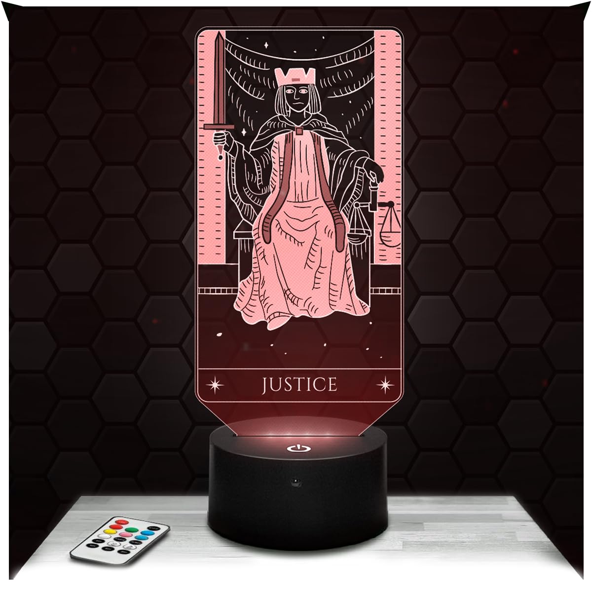 Lampephoto.fr - Justice Arcane Tarot 3D Lamp, Gift idea for Decoration, Cartomancy Oracle. Justice Arcane Tarot Desk lamp, Soft Light. Original Christmas, Gift Idea, Led Bedside, Merchandising