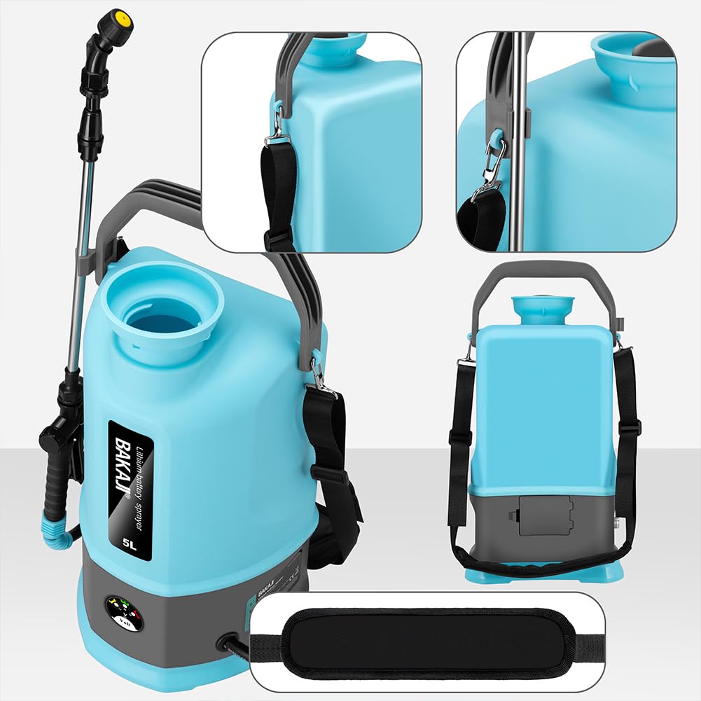 BAKAJI Spruzzatore a batteria da Giardino con Accessori, Nebulizzatore a pressione con Tracolla Antifatica, Pompa Ultra Leggera Irrigazione e Cura Piante, Ideale Acqua e Antiparassitario (5 Litri)