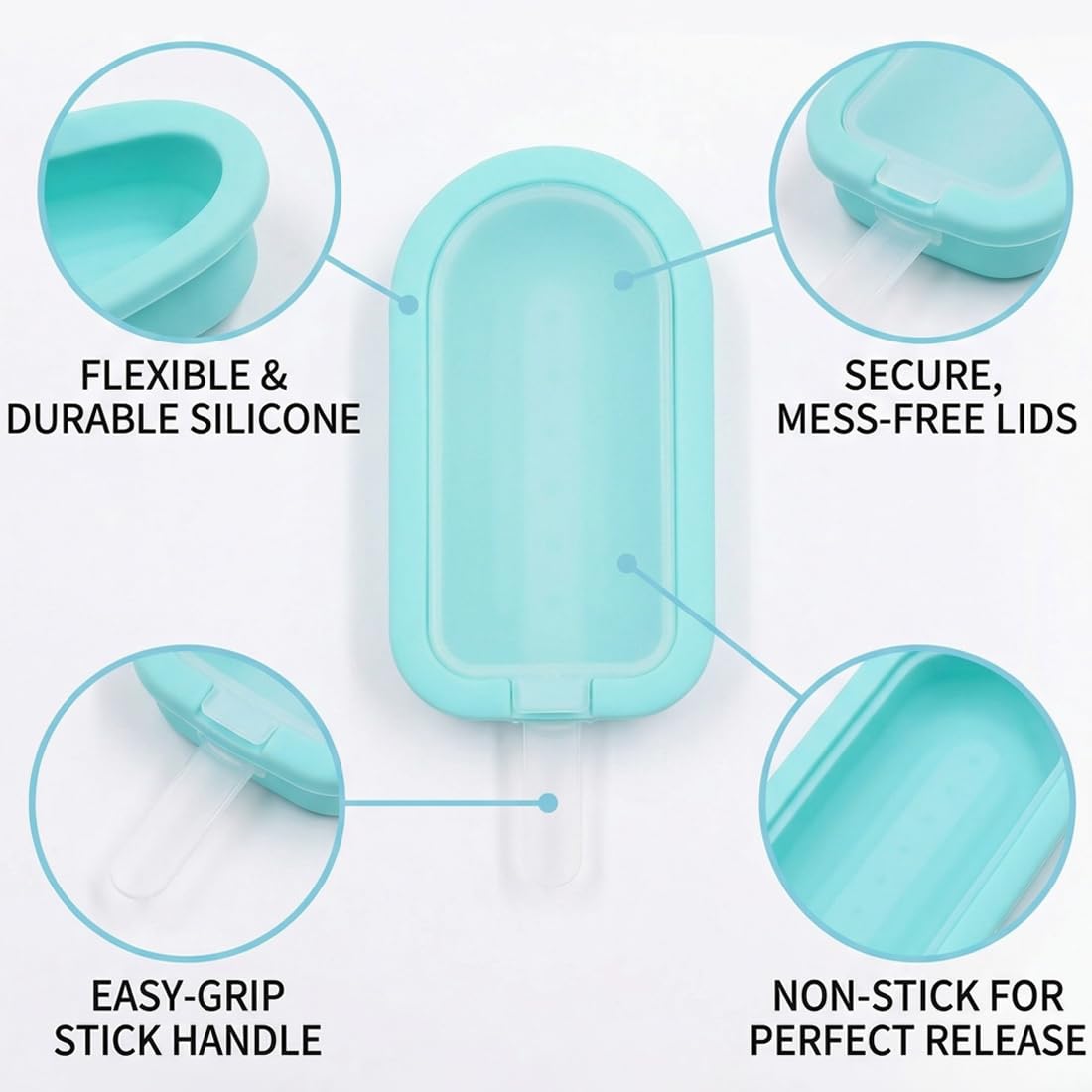 4 Moldes de Silicona para Helados y Polos Reutilizables, sin BPA, fácil desmolde para niños y adultos, 4 colores vibrantes para postres caseros DIY.
