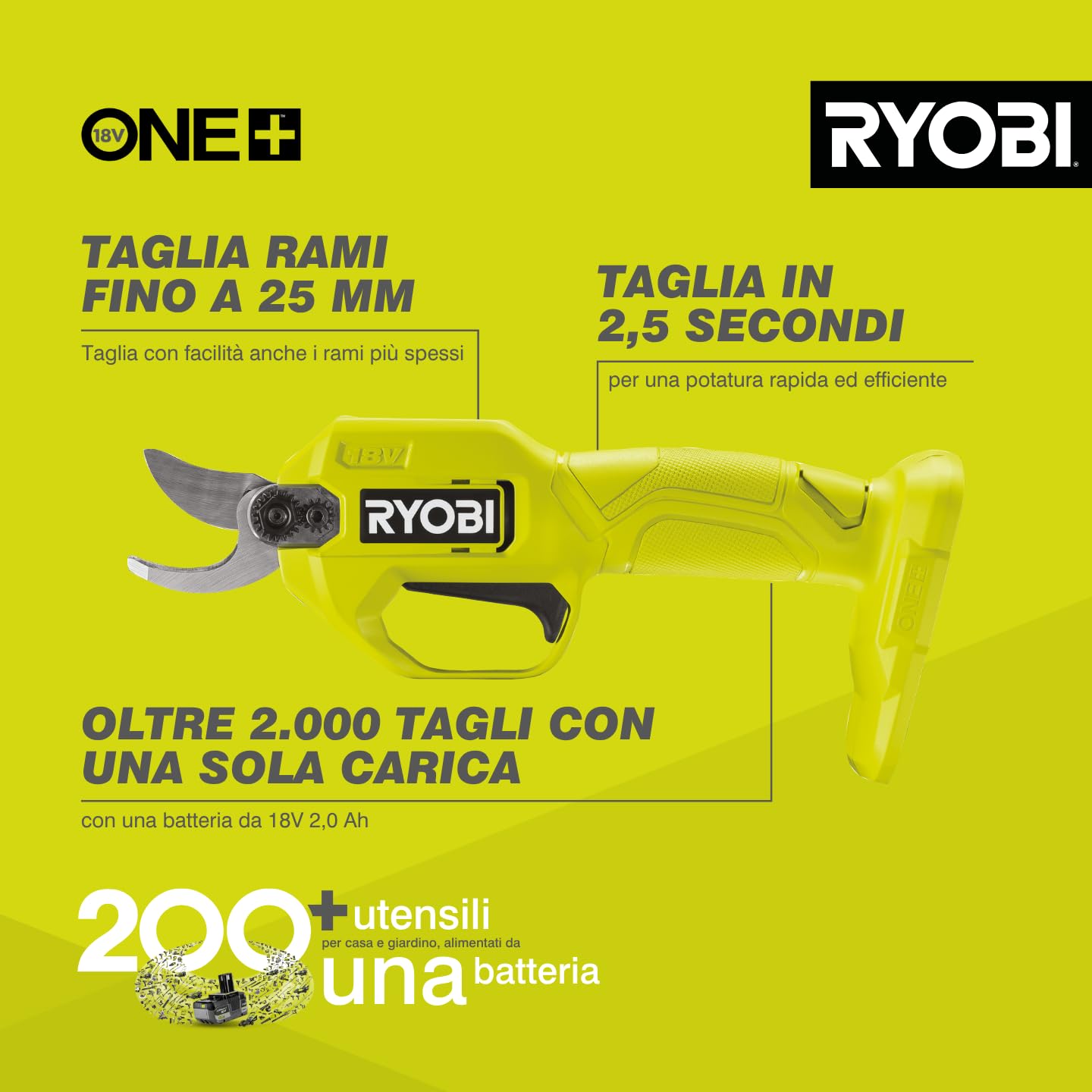 Ryobi R18SCA‑0 Cesoie Potatrici a Batteria 18V ONE+, Lama Bypass 25 mm, Coppia 145 Nm, Solo Corpo Macchina