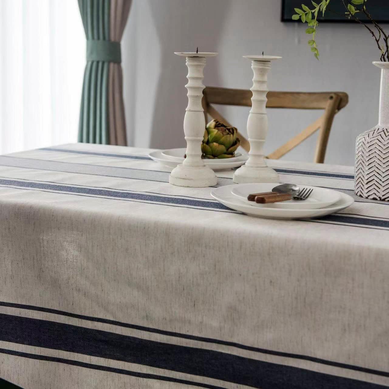 ArtBud White Blue Tablecloth Cotton Linen Farmhouse Table Cover Soft Washable Table Top for Parties Coffee Kitchen Décor Stripe(Rectangle/Oblong (Rectangle/Oblong, 60"×86"(6-8 Seats)