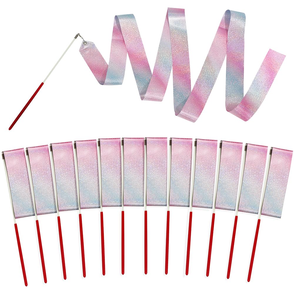 Glitter Shimmering Dance Ribbon Sparkling Artistic Dancing Ribbon Gymnastics Dance Flag With 360 Degree Twirling Stick Baton, 12 Pack 78.7" Bling Dancer Wand Streamers Gym Training Wand Dancing Band