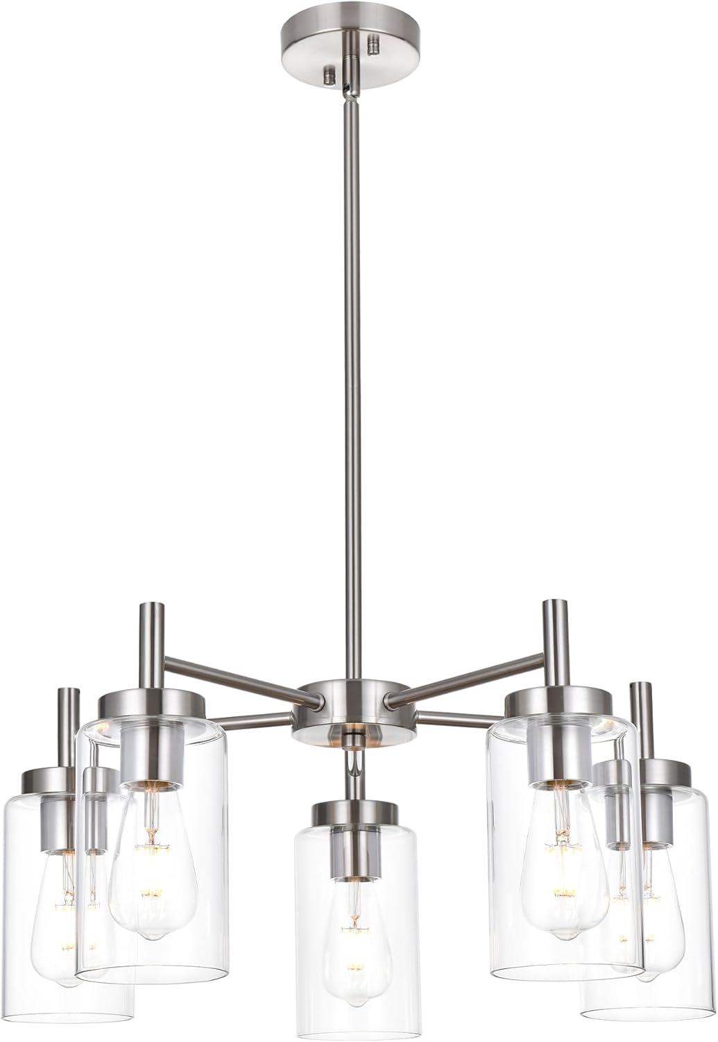 5 Lights Brushed Nickel Chandelier Modern Industrial Dining Room Light Fixtures with Clear Glass, Farmhouse Pendant Lighting Fixtures Ceiling Hanging Adjustable for Kitchen Island Living Room